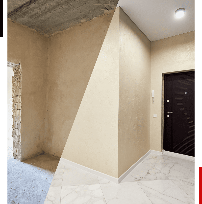 Unfinished versus finished hallway interior design