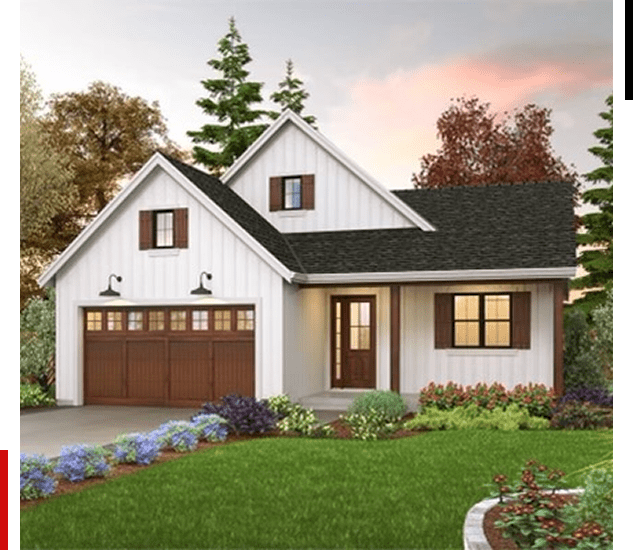 A charming modern farmhouse with white siding and a cozy front porch.