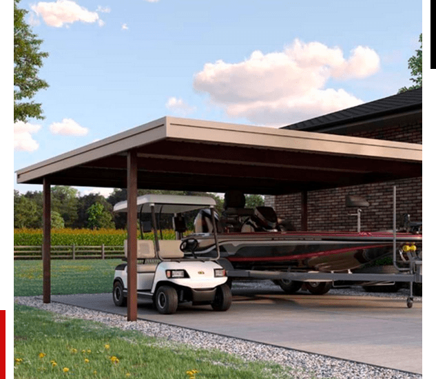 Golf cart parked under a covered storage area with boats.