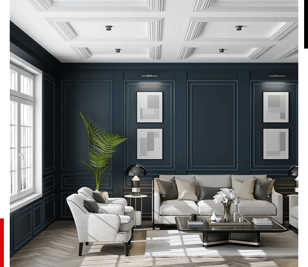 Elegant living room with navy blue walls and modern furnishings.